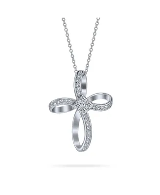 Ribbon Twist Open Religious Infinity Cross Pendant Necklace For Women Teens Pave Cz Cubic Zirconia .925 Sterling Silver 1.25 Inch