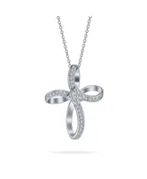 Ribbon Twist Open Religious Infinity Cross Pendant Necklace For Women Teens Pave Cz Cubic Zirconia .925 Sterling Silver 1.25 Inch