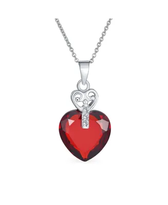 Romantic Key to Her Heart Aaa 10 Ctw Cz Ruby Red Cubic Zirconia Large Heart Necklace Pendant For Women Teens .925 Sterling Silver 16,18 Inches Chain