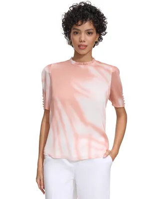 Calvin Klein Petite Dyed Buttoned-Cuff Pleated-Neck Top