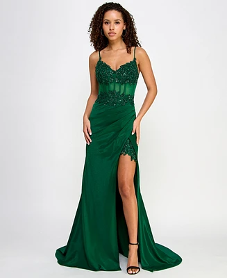 Say Yes Juniors' Beaded Sweetheart Satin Corset Gown, Created for Macy's