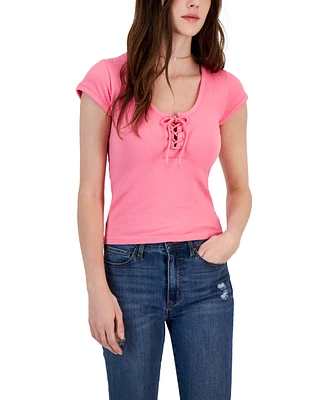 Planet Heart Juniors' Lace-Up Seamless Waffle Tee