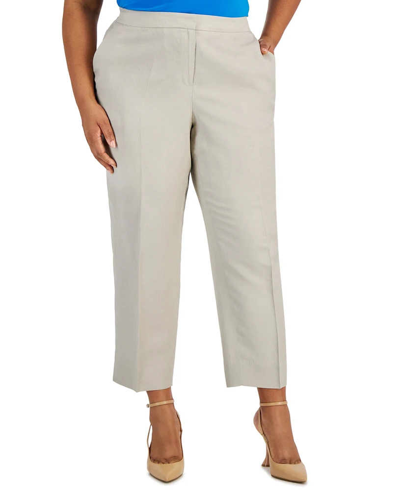 Kasper Plus Size Mid Rise Linen-Blend Straight-Leg Fly-Front Pants