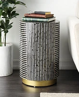 Rosemary Lane Mother of Pearl Drum Accent Table with Linear Mosaic Pattern and Gold Base