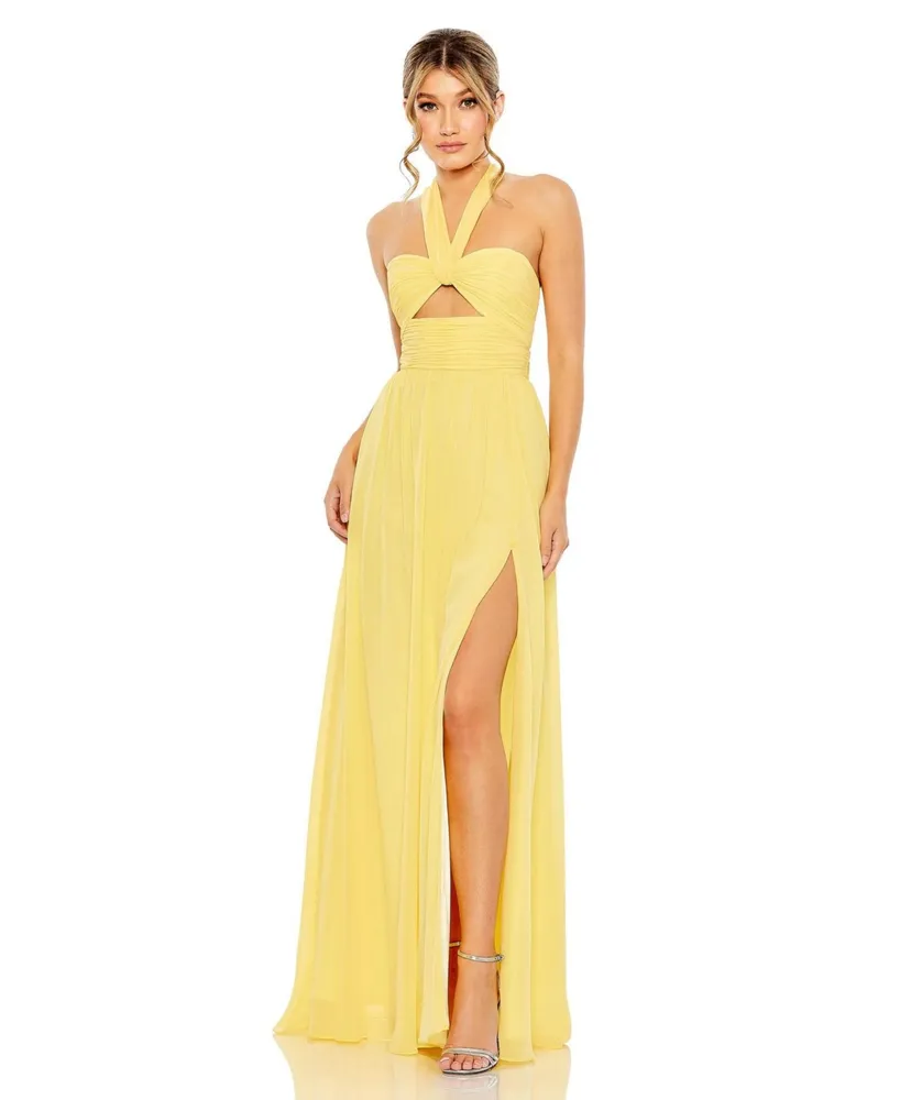 Women's Ruched Halter Strap Keyhole Chiffon Gown