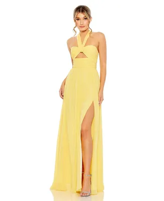 Women's Ruched Halter Strap Keyhole Chiffon Gown