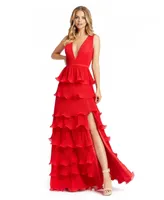 Mac Duggal Women's Ieena Sleeveless Ruffle Tiered V Neck Gown