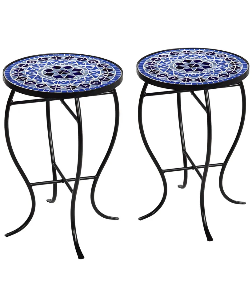 Cobalt Modern Black Metal Round Outdoor Accent Side Tables 14" Wide Set of 2 Light Blue Mosaic Tile Tabletop Gracefully Curved Legs for Spaces Porch P
