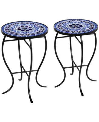 Cobalt Modern Black Metal Round Outdoor Accent Side Tables 14" Wide Set of 2 Light Blue Mosaic Tile Tabletop Gracefully Curved Legs for Spaces Porch P