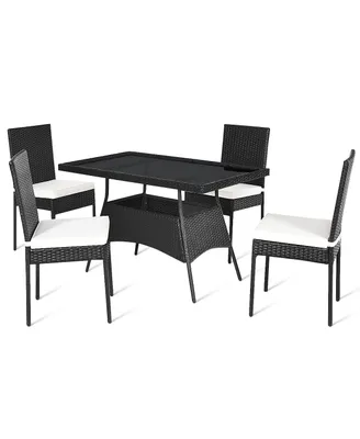 5 Pieces Outdoor Patio Rattan Dining Set with Glass Top Cushions