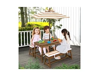Kids Picnic Table and Bench Set with Cushions and Height Adjustable Umbrella