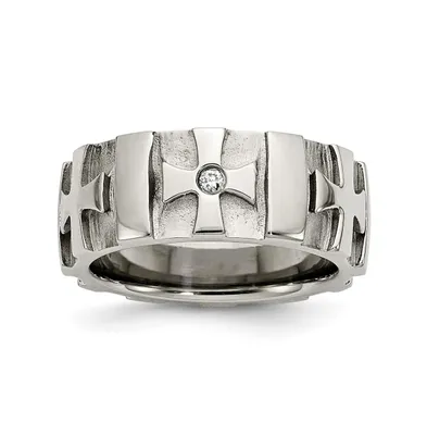 Chisel Stainless Steel Brushed Cubic Zirconia Cross Band Ring
