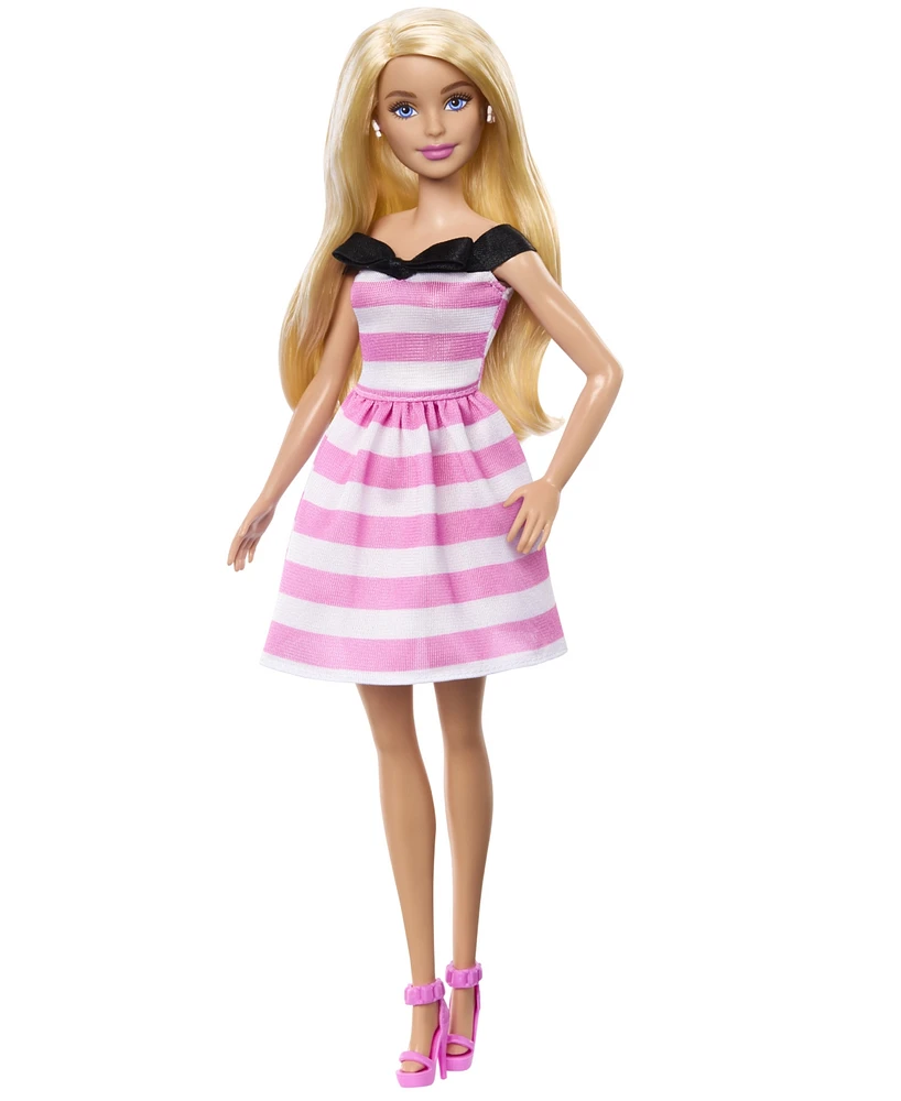 Barbie 65th Anniversary Fashion Doll with Blonde Hair, Pink Striped Dress and Accessories