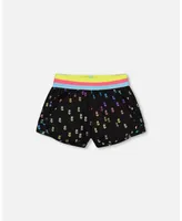 Girl Striped Waist Short Black With Colored Metallic Flower Print - Toddler Child