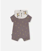 Deux par Baby Boys ganic Cotton Hooded Romper Dark Grey With Printed Pixel Dog