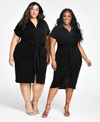 Nina Parker Trendy Plus Size Tie-Front Ruched Shirtdress