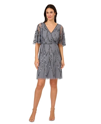 Adrianna Papell Women's Beaded Mesh Flutter-Sleeve Dress