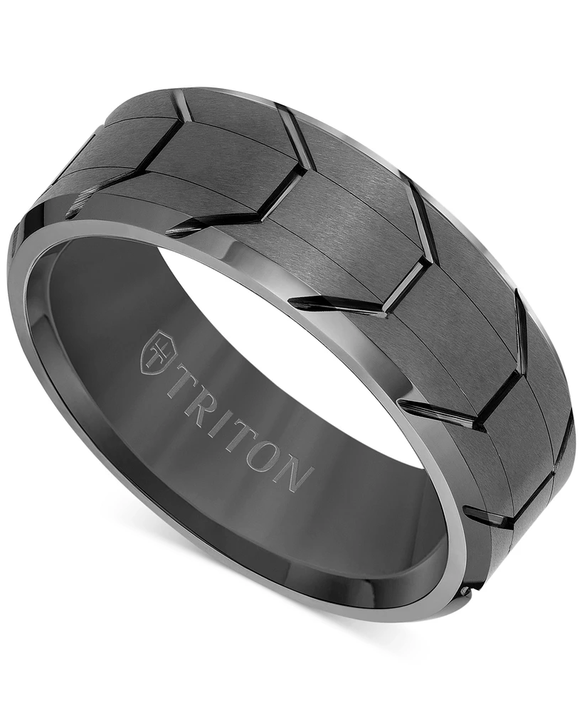 Triton Men's Beveled Edge Tread Wedding Band Gunmetal Gray Tungsten Carbide