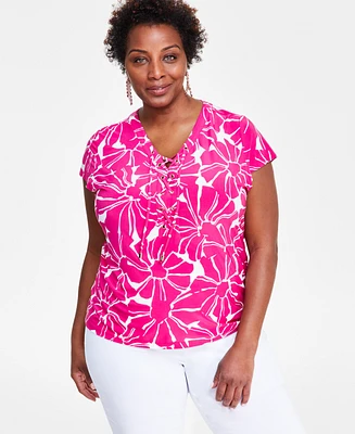 I.n.c. International Concepts Plus Printed Lace-Up-Neck Top, Created for Macy's