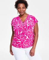 I.n.c. International Concepts Plus Printed Lace-Up-Neck Top, Created for Macy's