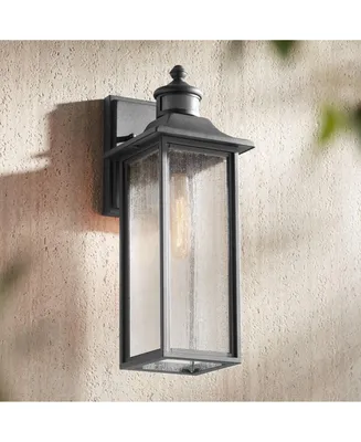 Moray Bay Mission Outdoor Wall Light Fixture Black Steel Dusk to Dawn Motion Sensor 16 1/2" Seeded Glass Panels for Exterior House Porch Patio Outside