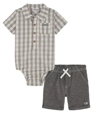 Calvin Klein Baby Boys Woven Check Short Sleeve Poplin Bodysuit and Chambray Shorts, 2 Piece Set