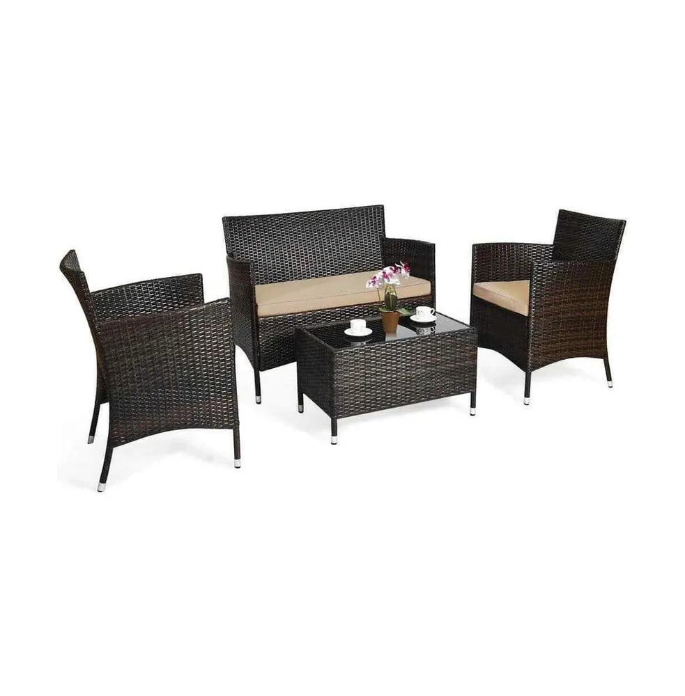 4 pcs Patio Garden Rattan Furniture Set Coffee Table Cushioned Sofa