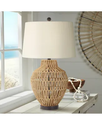 San Marcos Modern Coastal Table Lamp 27" Tall Natural Wicker Black Metal Oatmeal Fabric Drum Shade Decor for Living Room Bedroom House Bedside Nightst