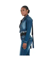 Women's Curvy Fit Frayed Hem Indigo Tinted Cropped Jean Jacket