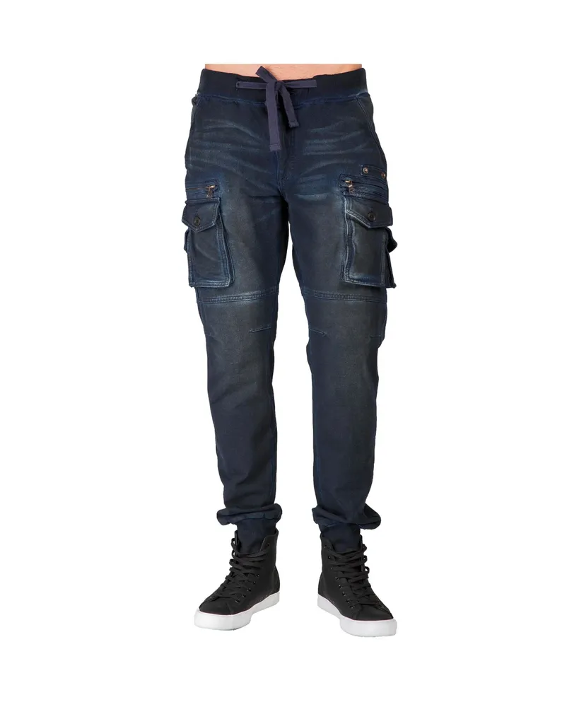 Level 7 Men's Black Coated Knit Denim Drop Crotch Jogger Jeans