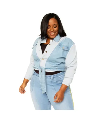 Women's Plus Curvy Fit Belted Dual Shade Denim Trucker Jacket