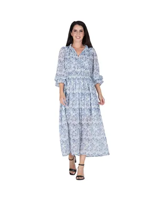 Women's Floral Print Long Ruffle Sleeve Maxi Dress