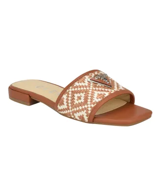 Guess Women's Tamsen One Band Square Toe Slide Flat Sandals - Medium Brown, White