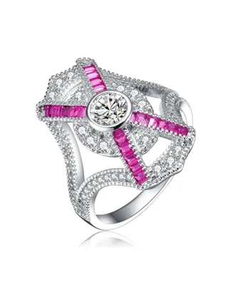 Sterling Silver White Gold Plated with Pink Baguette and Clear Round Cubic Zirconia Cocktail Ring