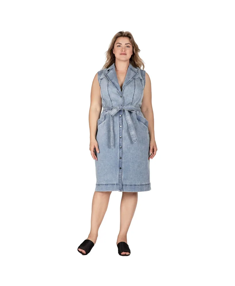 Women's Plus Belted Denim Pocket Midi Dress