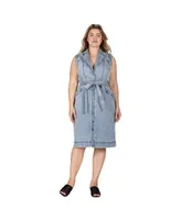 Women's Plus Belted Denim Pocket Midi Dress