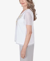 Alfred Dunner Women's Charleston Lace Sleeves Embroidered Top