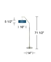 Modern Arc Floor Lamp Standing 71 1/2" Tall Brushed Nickel Silver Metal Blue Textured Faux Silk Fabric Shade Decor for Living Room Reading House Bedro