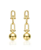 14k Yellow Gold Plated U-Shaped Link Chain Drop Earrings with Golden Ball