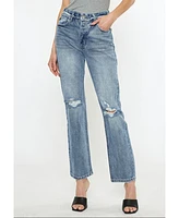 Kancan Women's High Rise Distressed 90s Straight Jeans