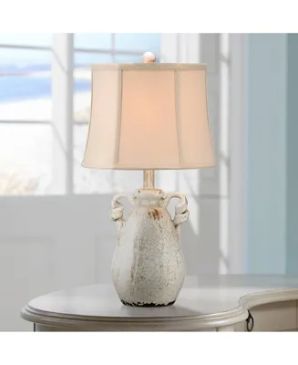 Sofia Rustic Country Cottage Accent Table Lamp 22" High Crackled Ivory Glaze Ceramic Handles Jar Beige Bell Shade for Bedroom Living Room House Home B