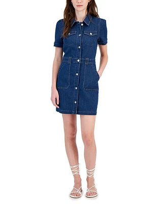 Tinsel Juniors' Button-Up Short-Sleeve Denim Mini Dress