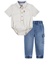 Levi's Baby Boys Gingham Shirt Bodysuit and Joggers Pant Set