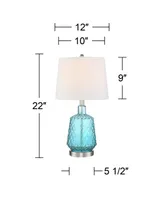Ronald Modern Coastal Accent Table Lamp 22" High Blue Textured Glass Nickel Pole White Fabric Drum Shade for Bedroom Living Room House Home Bedside Ni