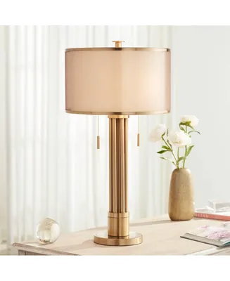 Granview Modern Table Lamp 32 1/2" Tall Brass Column Taupe Organza Outer Off White Linen Inner Drum Shade for Bedroom Living Room House Bedside Nights