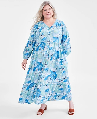 Style & Co Plus Floral-Print Tiered Linen-Blend 3/4-Sleeve Dress