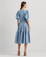 Lauren Ralph Women's Cotton Puff-Sleeve Chambray Dress