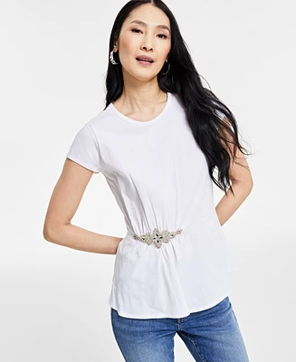 I.n.c. International Concepts Women's Embellished-Waist Cotton T-Shirt, Created for Macy's