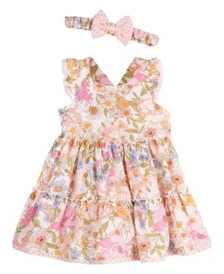 Rare Editions Baby Girls Mixed Media Dress with Matching Headband and Diaper Cover, 2 Piece Set
