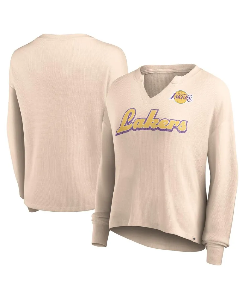 Women's Fanatics Tan Distressed Los Angeles Lakers Go For It Long Sleeve Notch Neck T-shirt